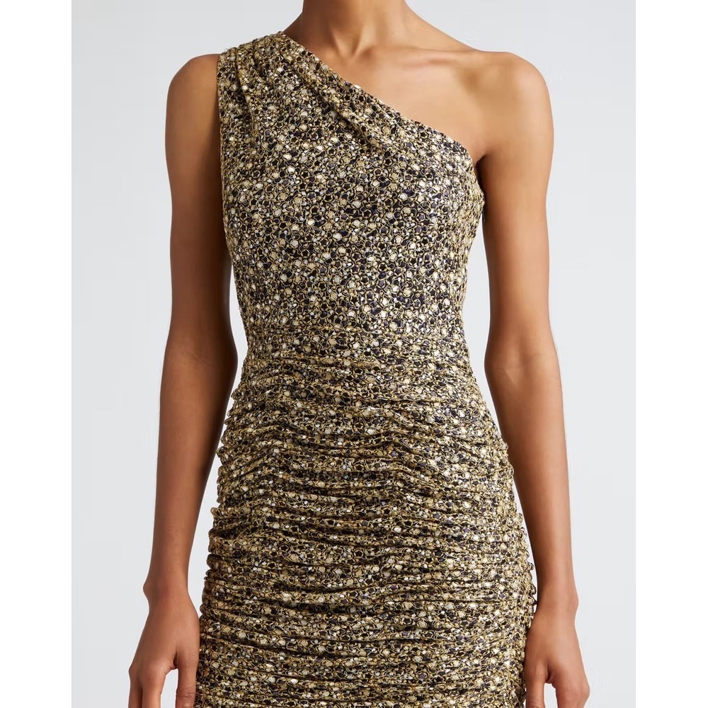 NWT Ramy Brook Mallory Metallic Mesh One Shoulder Dress / Gold & Navy/Mult Sizes